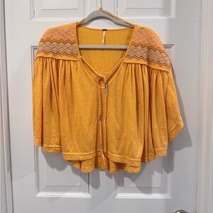 Free People Festival Mustard Yellow Embroidered Boho Peasant Top Size Small